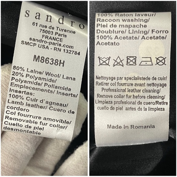 Sandro Wool Coat with Fur-Trimmed Hood - Size EU 36 - Picture 16 of 16